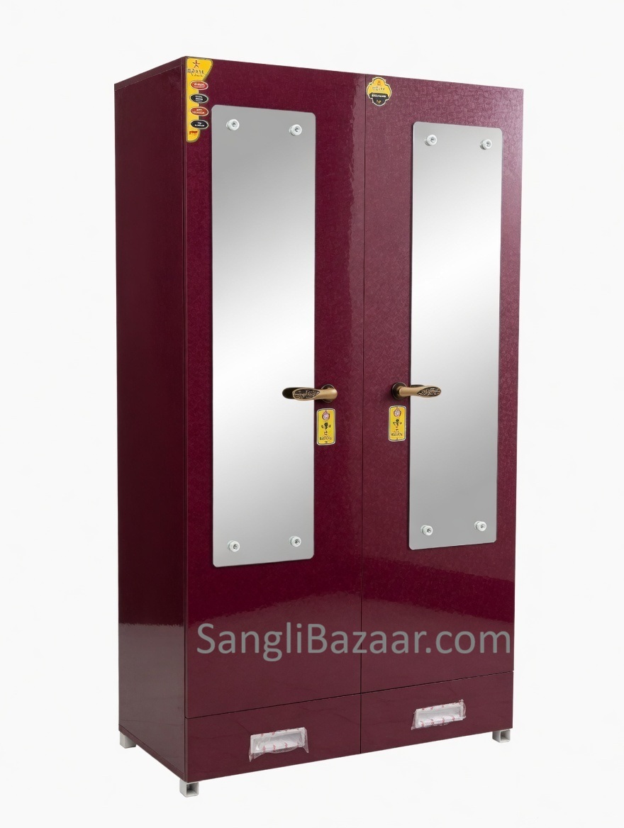 Premium Maroon 2 Door Steel Wardrobe with Mirror & Drawer